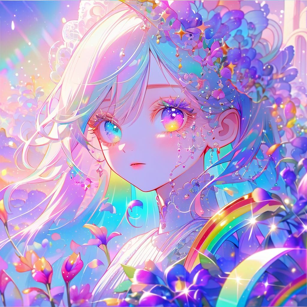 Anime-Inspired Girl with Rainbow-Colored Iris