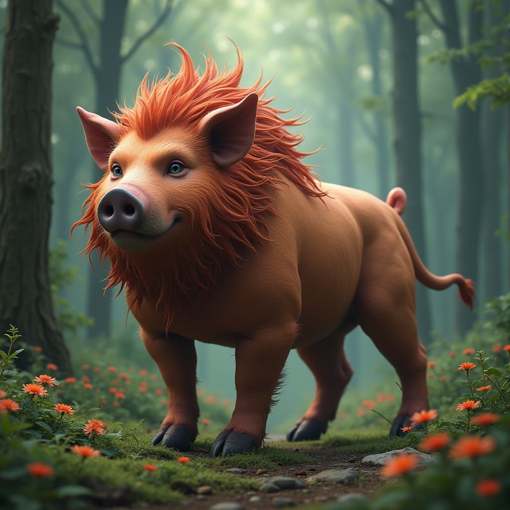 Hybrid Pig-Lion Creature in German Forest, Digital Art