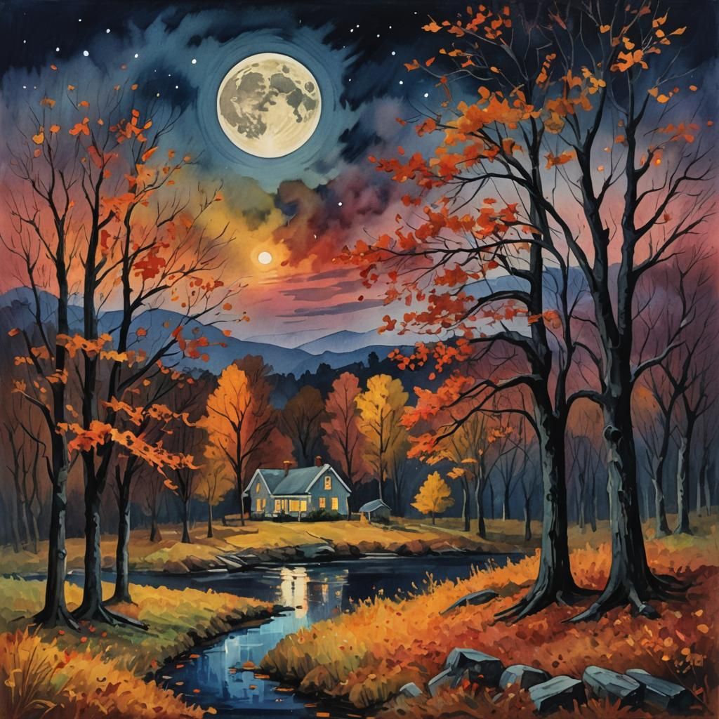 Autumn Night Fire Under Low Moon: Gouache Watercolor