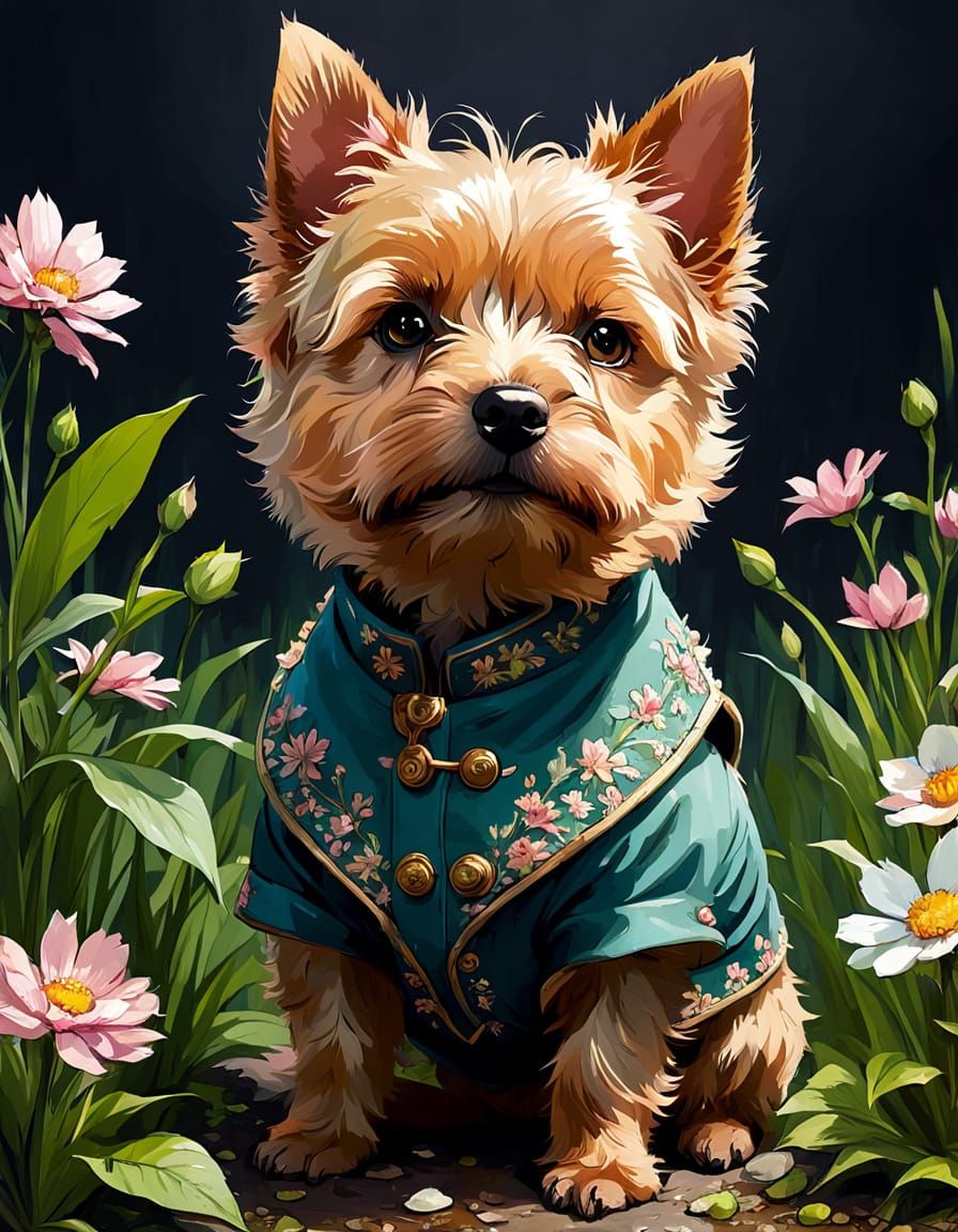 Cute Norwich Terrier Girl Blooms in Vibrant Floral Style