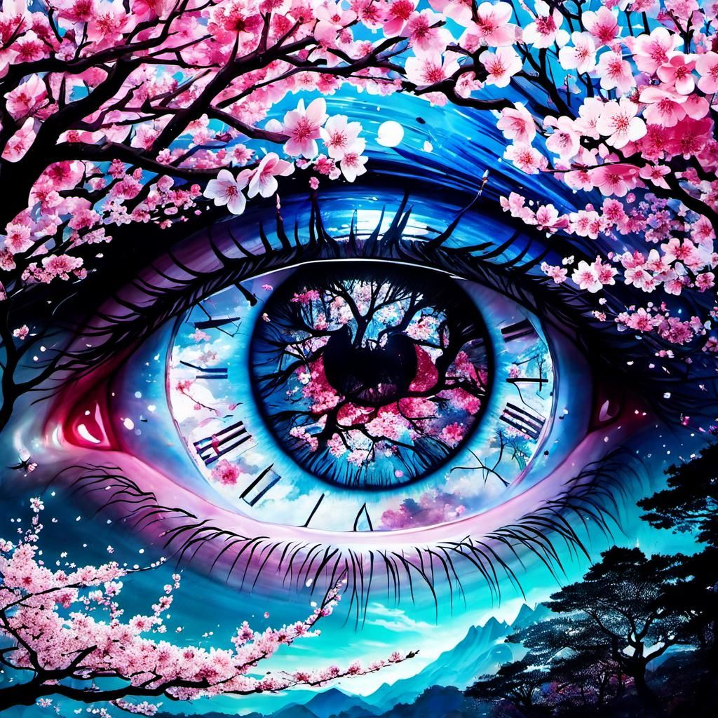 Cherry Blossom Forest Eye: Surreal Anime Illustration
