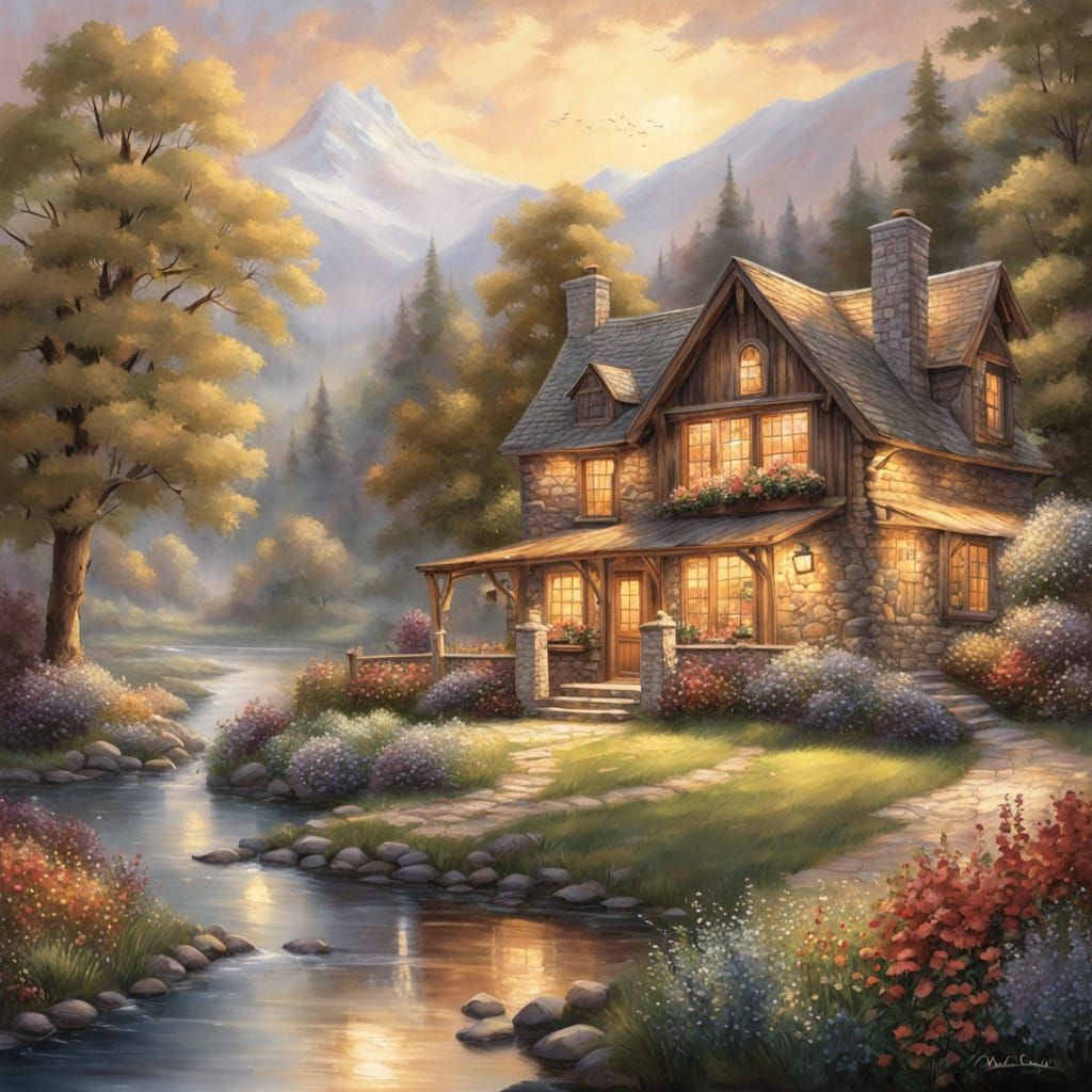 A cozy wooden cabin nestled in a vibrant meadow filled with wildflowers, bathed in the warm glow of sunlight. The cabin ...