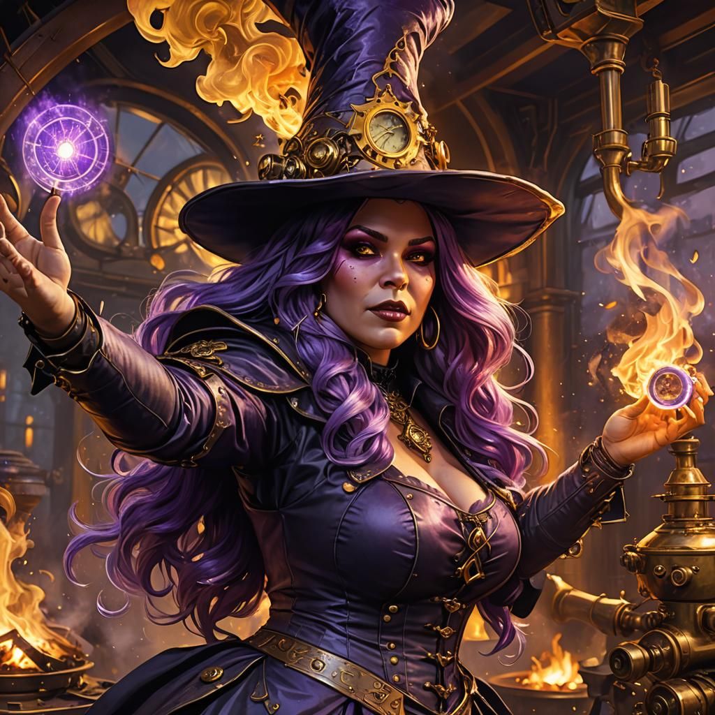 Steampunk Witch Dancing Under Full Moon