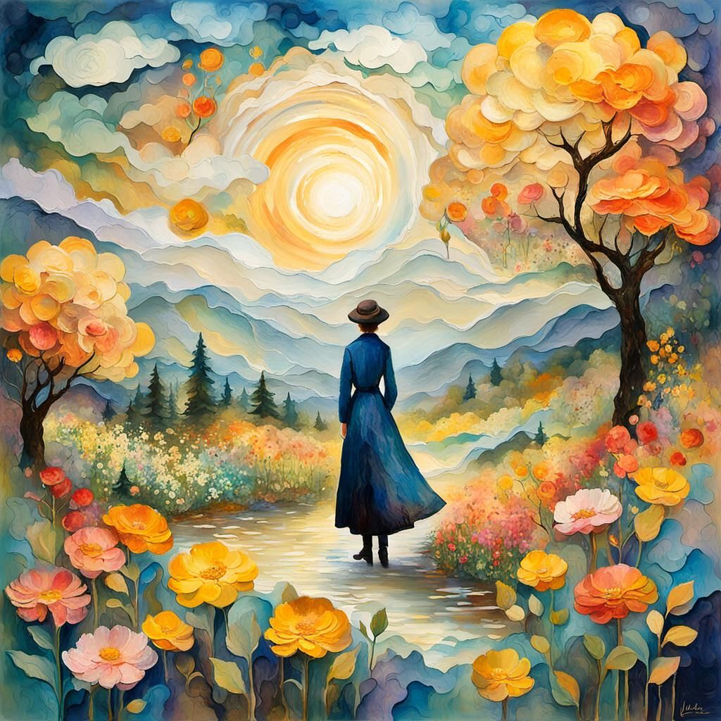 Dreamlike Figure in Enchanted Impressionist Landscape