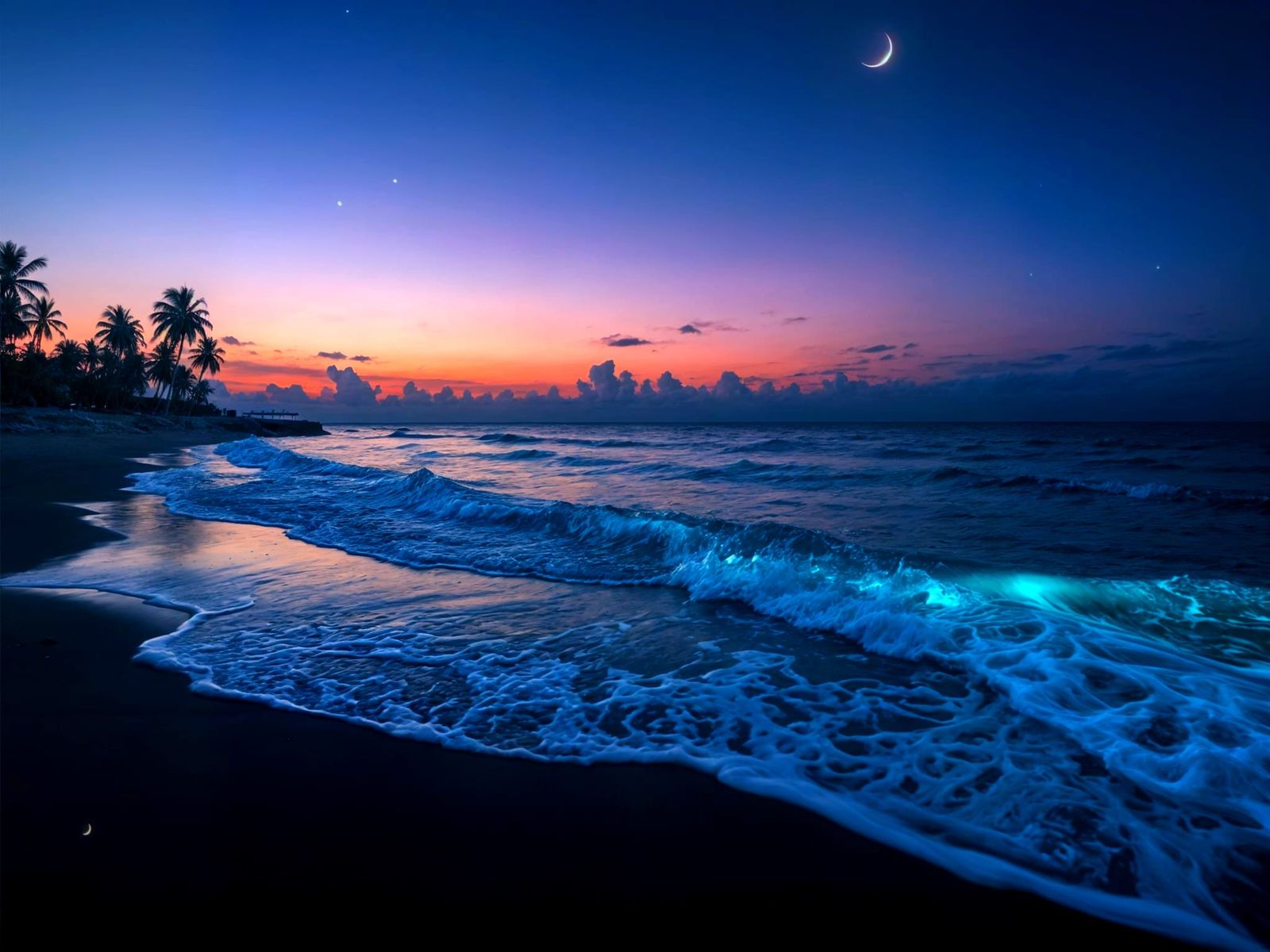 Bioluminescent Waves on a Serene Shoreline
