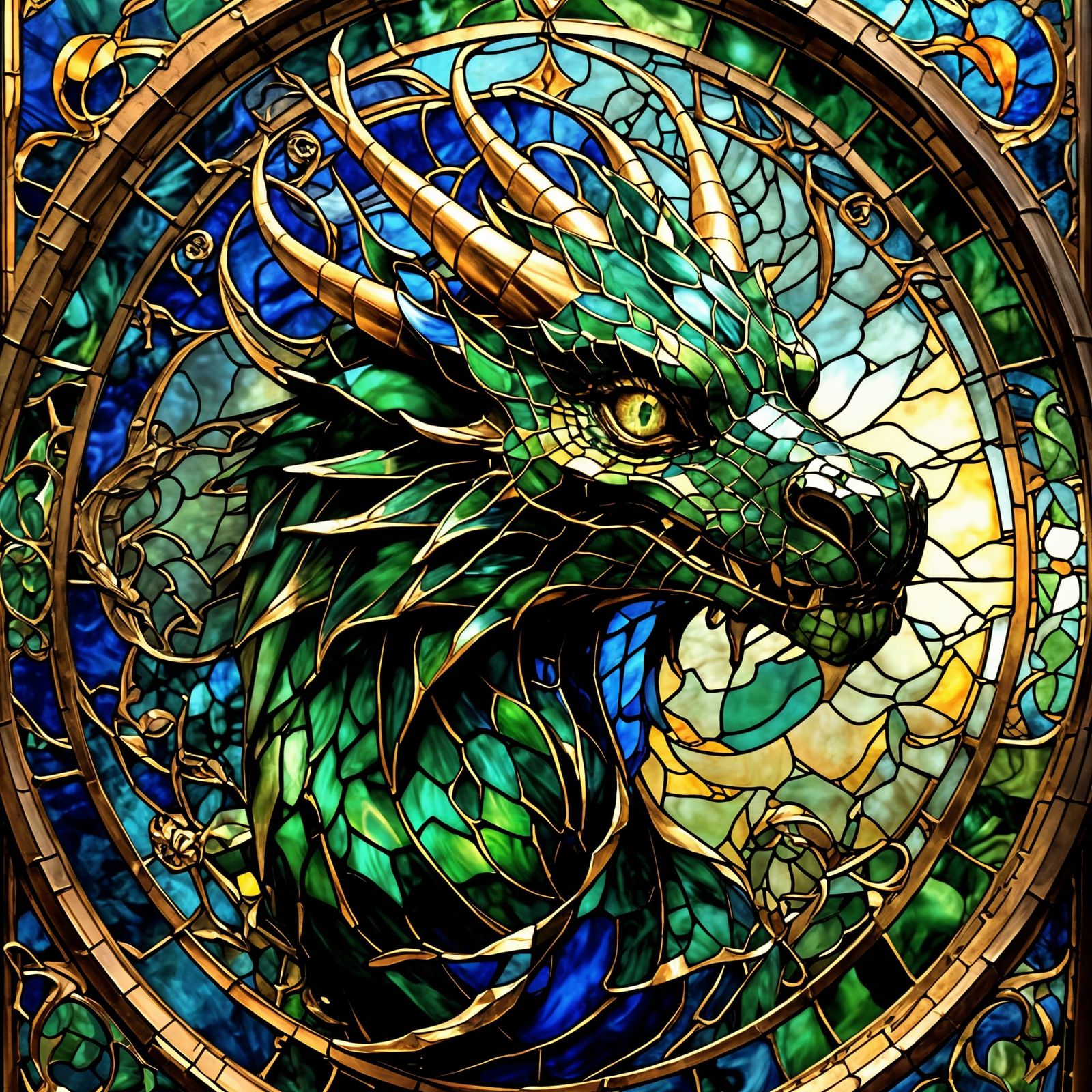 Stained Glass Dragon with Emerald and Sapphire Colors