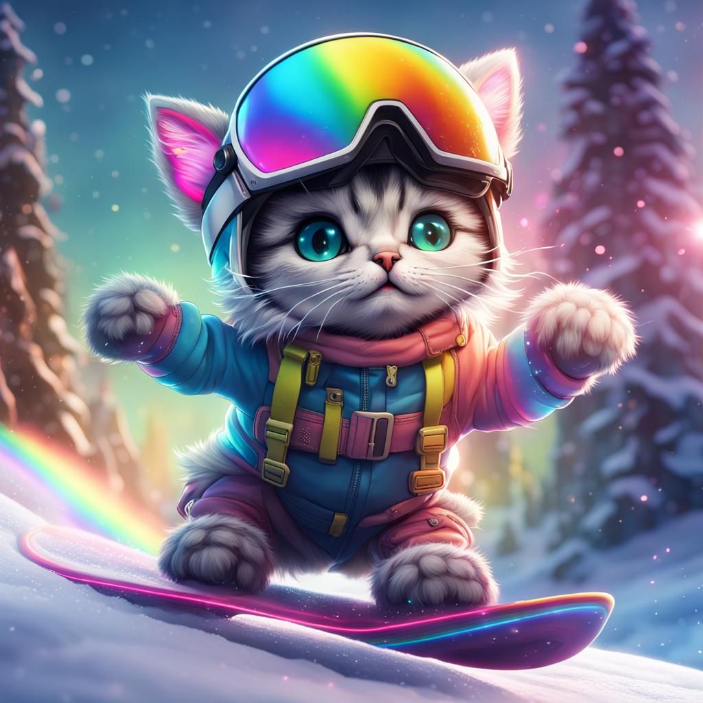 Snowboarding Kitten in Rainbow, Detailed Digital Art