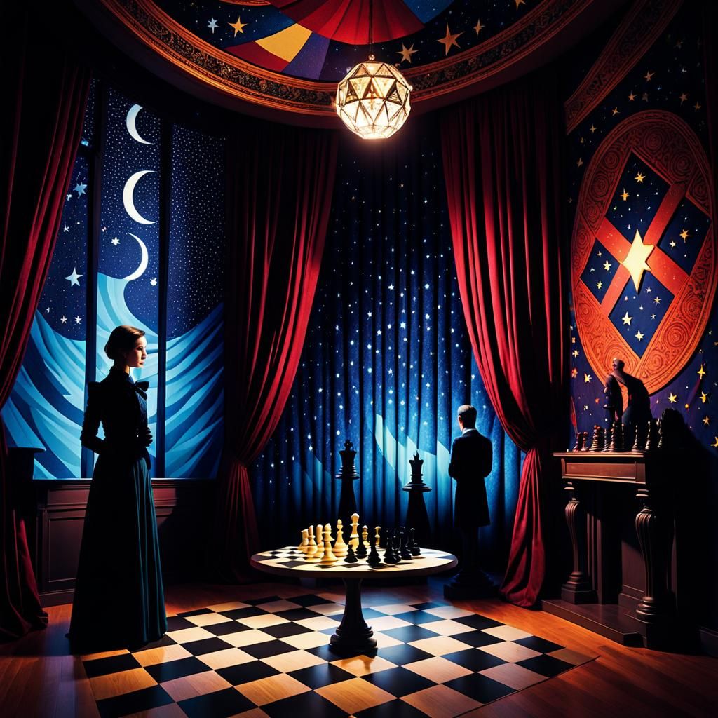 Expressionist Velvet Curtain with Chess Figures