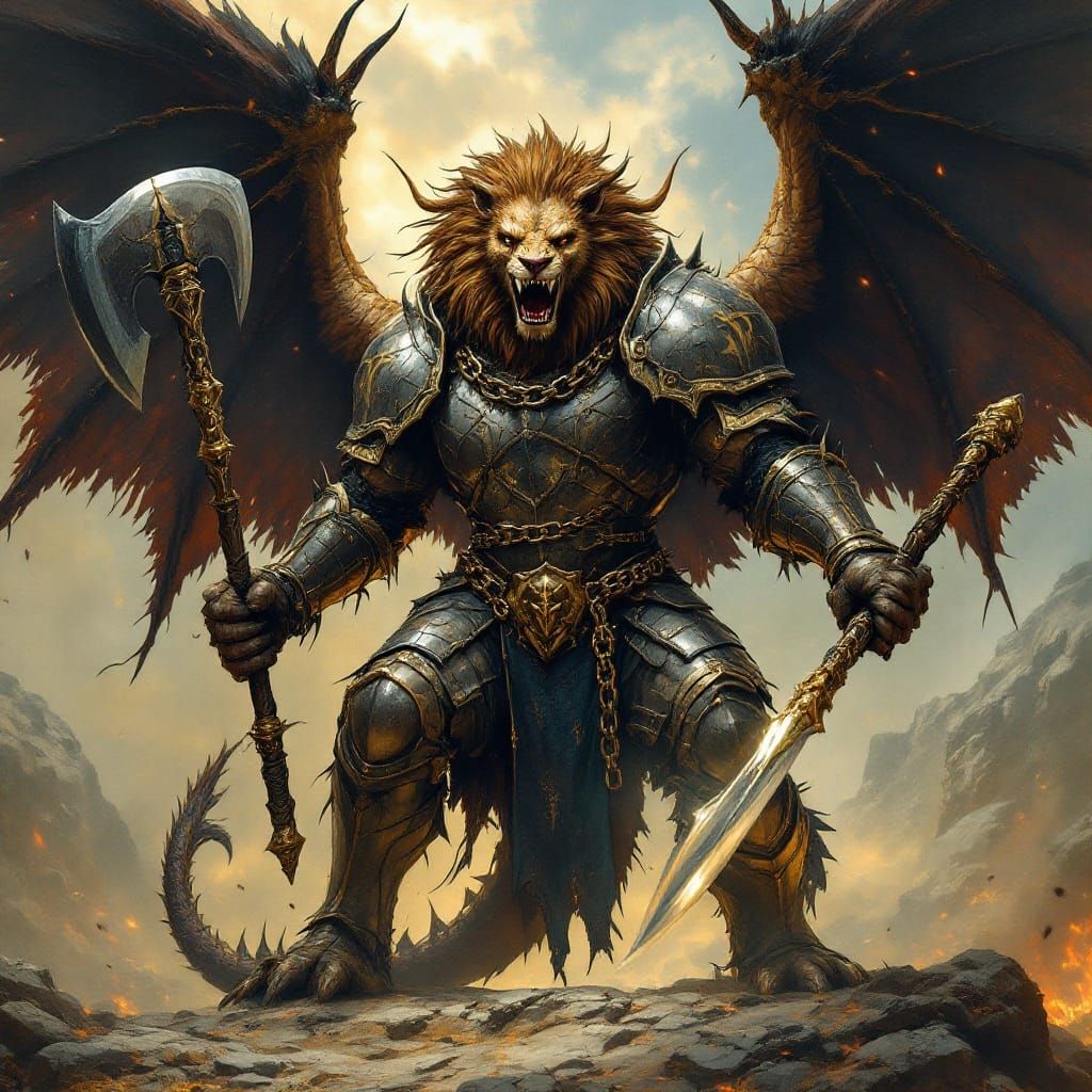 Majestic Humanoid Manticore in Plate Mail Armor, Ready for B...