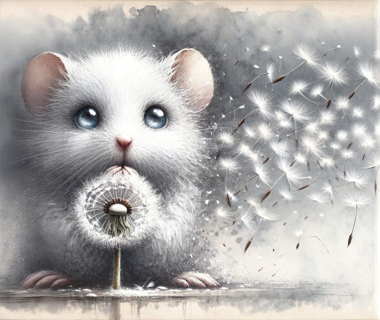Mouse Blowing Dandelions: A Victorian Watercolor Painting