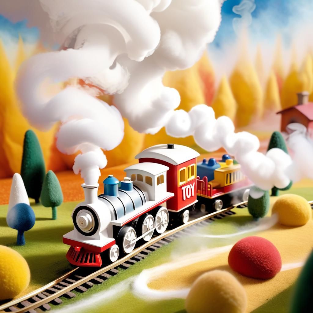 Toy Train Creates 'CHOO-CHOO' in Smoke, Stylized Illustratio...