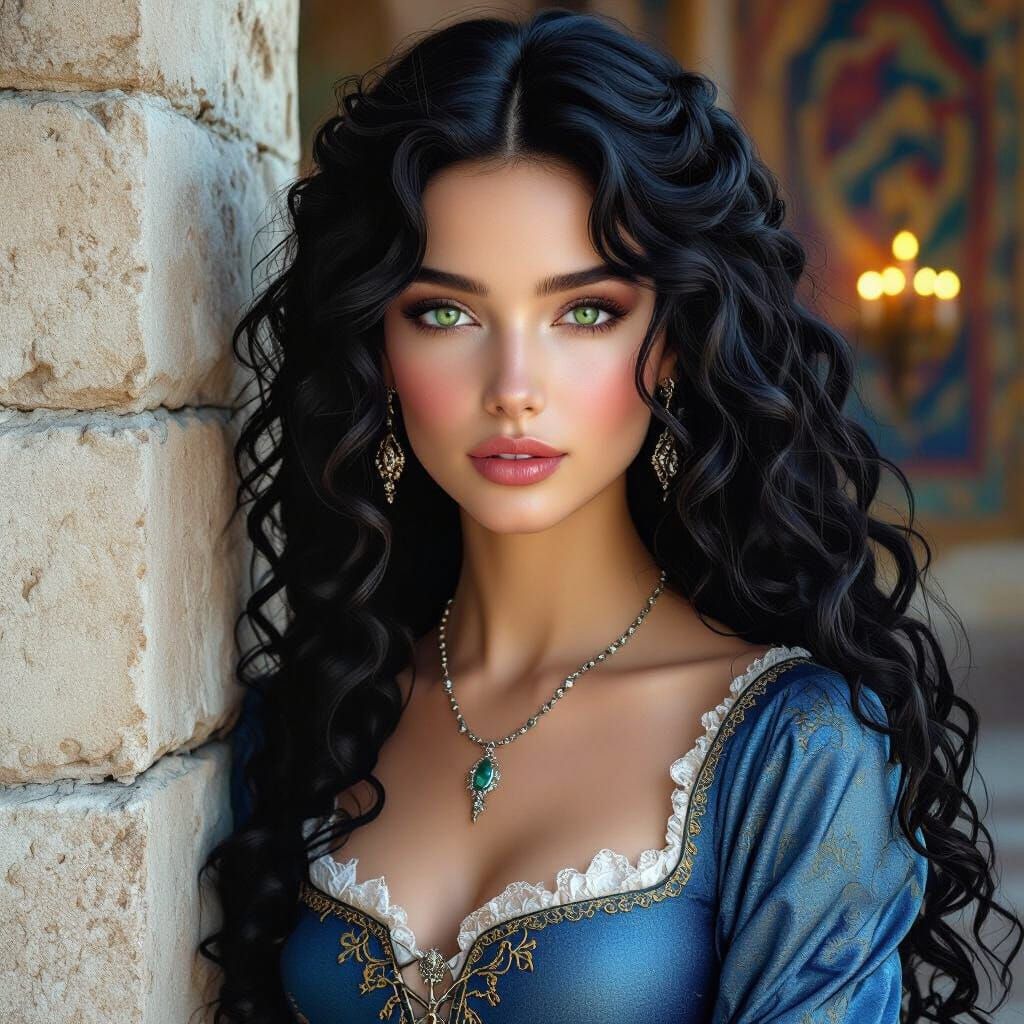 Emerald-Eyed Woman in Grand Hall, Fantasy Concept Art