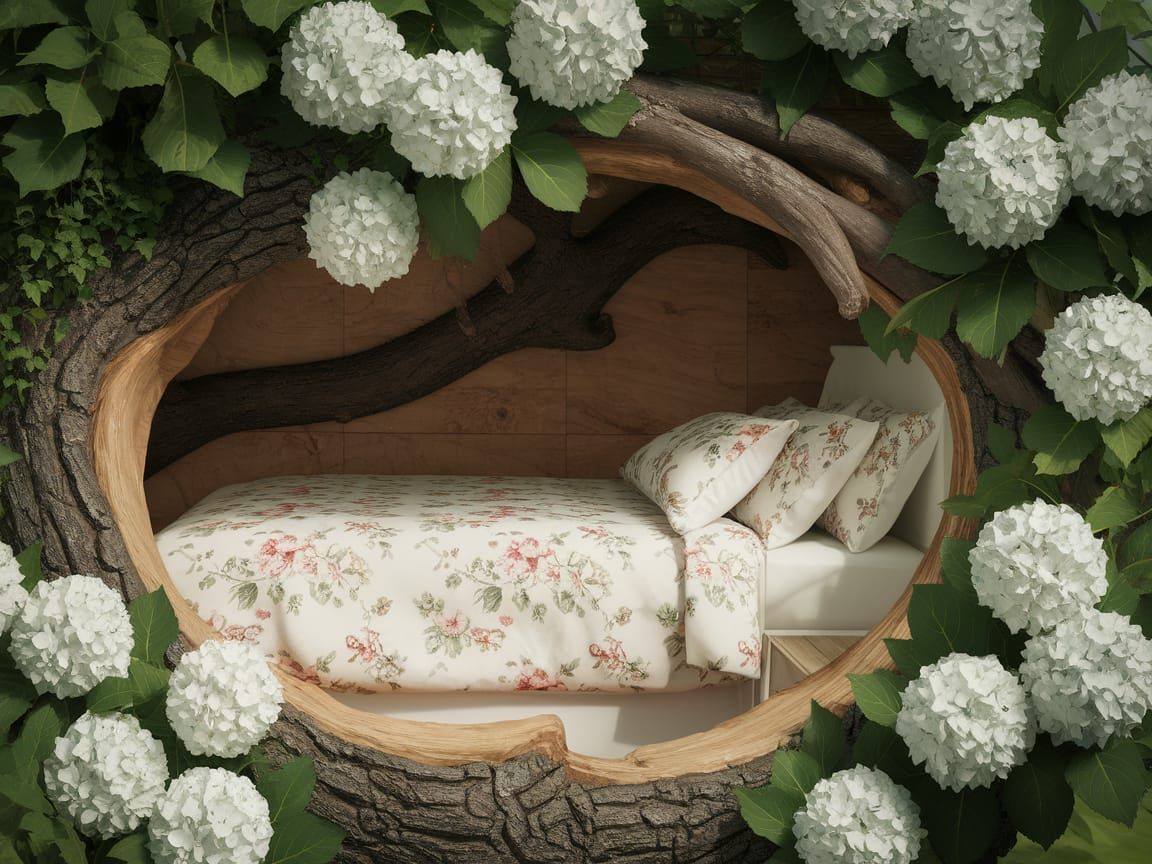Floral Bed in Tree Trunk: Romantic Fantasy Scene