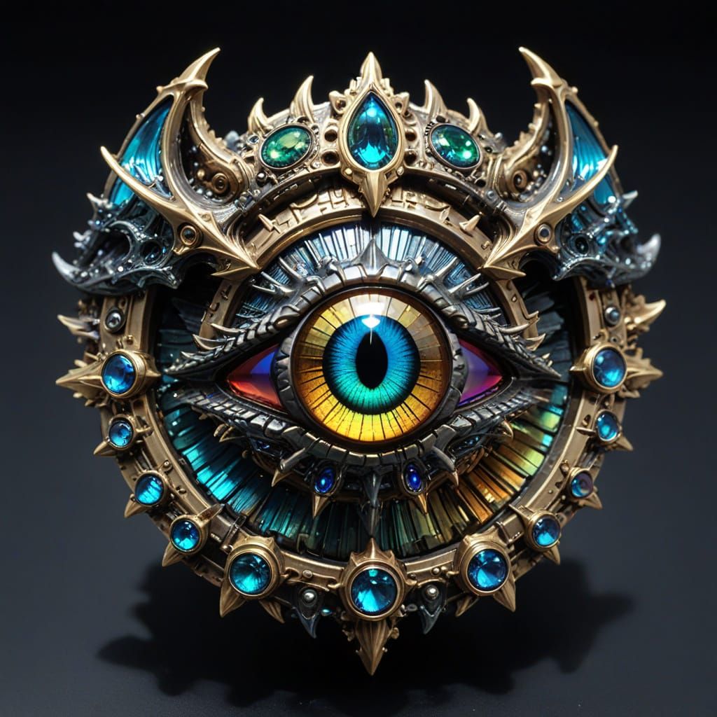 Bismuth Dragon Eye Shields in Futuristic Metallic Art