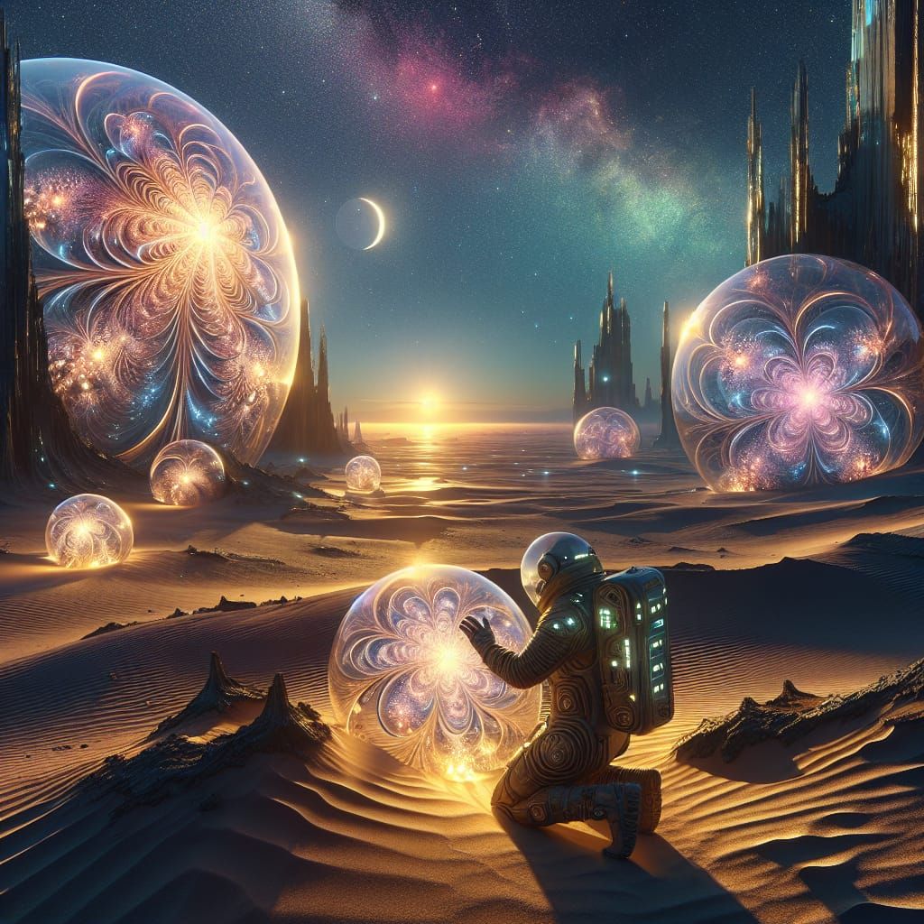 Photorealistic Alien Desert Landscape with Space Explorer