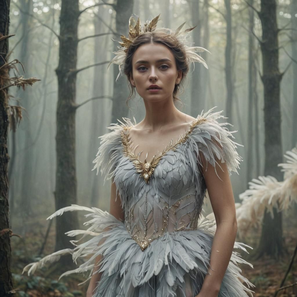 Surreal Woman in Feathery Gown Basks in Ethereal Mist