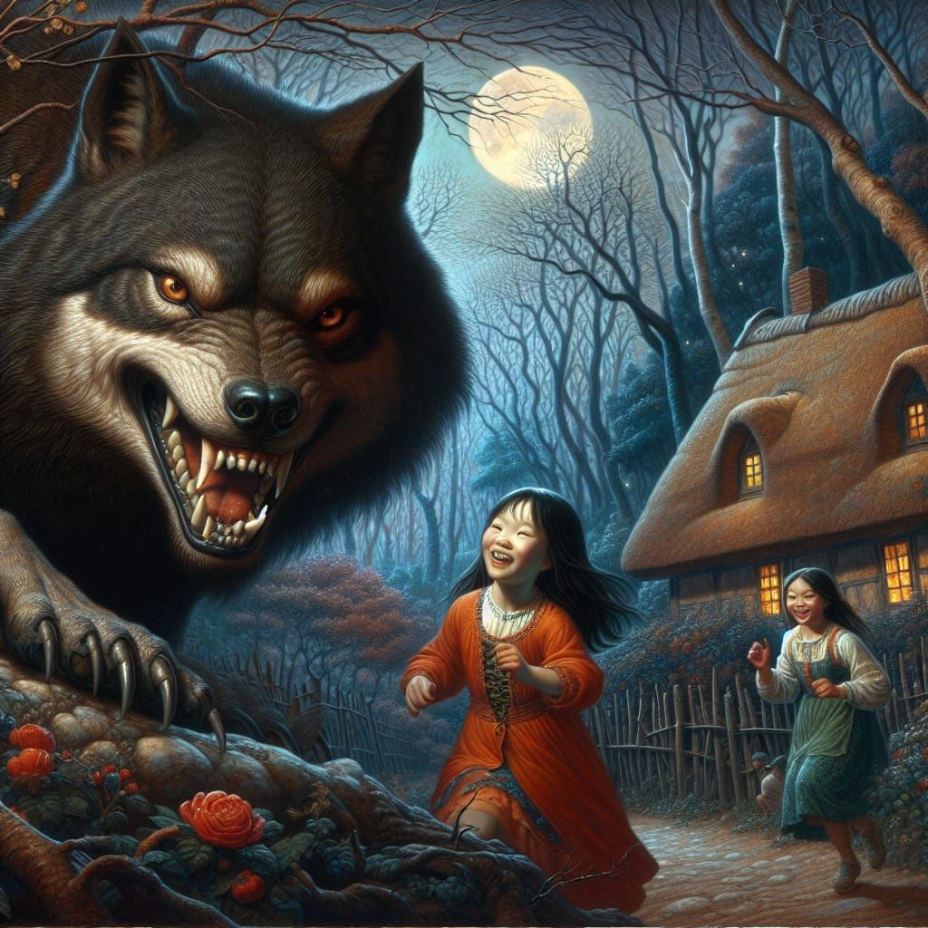 Menacing Wolf Watching Girls in Forest, Pre-Raphaelite Style