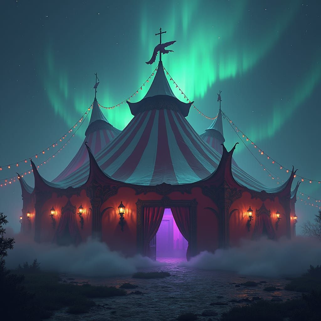 Eerie Carnival Tent Under Aurora Borealis