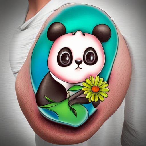 Kawaii Panda Tattoo Design with Daisy