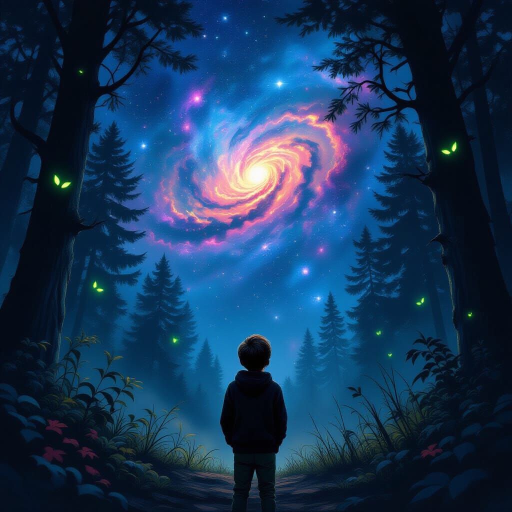 Boy Gazes at Cosmic Wonder in Moonlit Forest