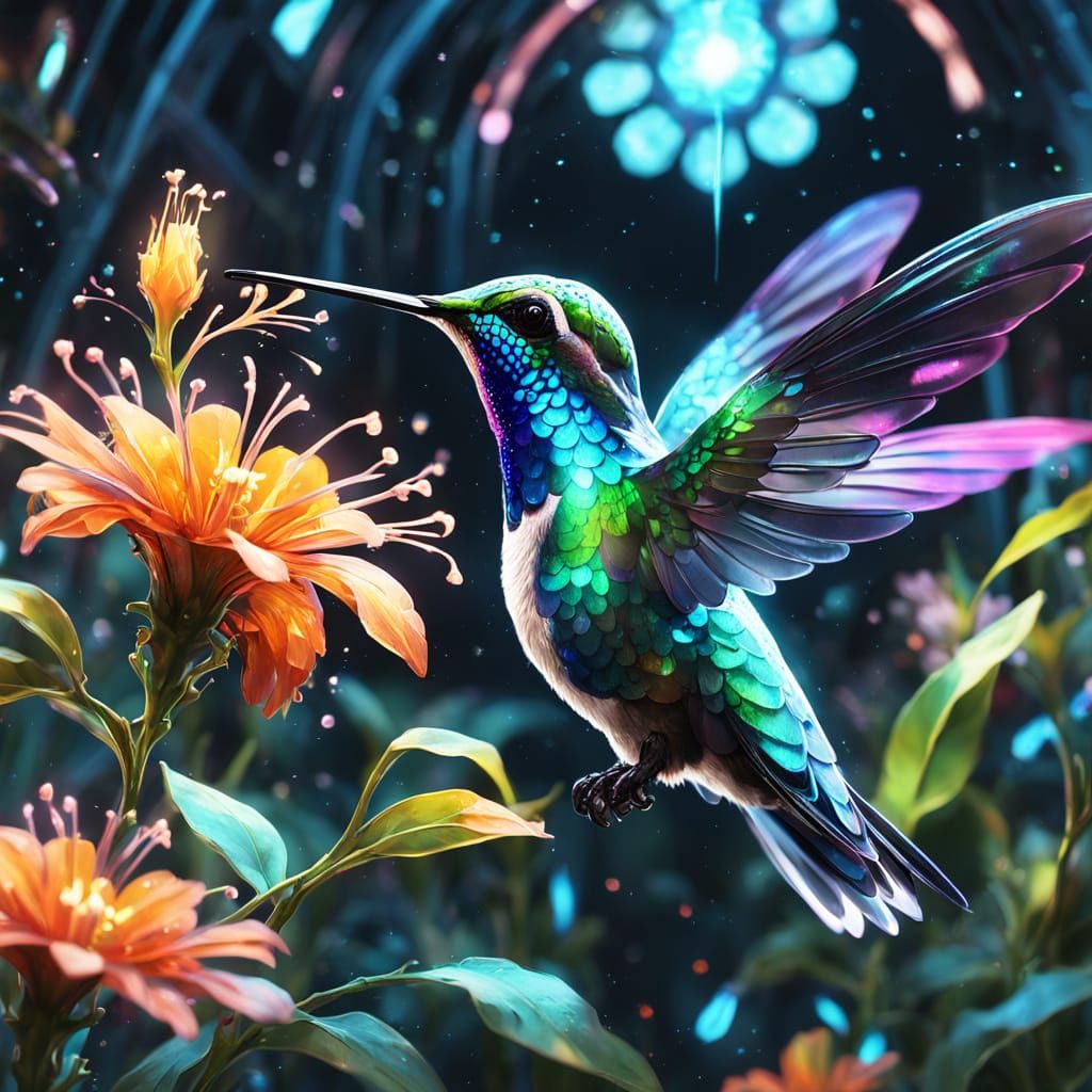 Bioluminescent Hummingbird in Futuristic Greenhouse: Digital...