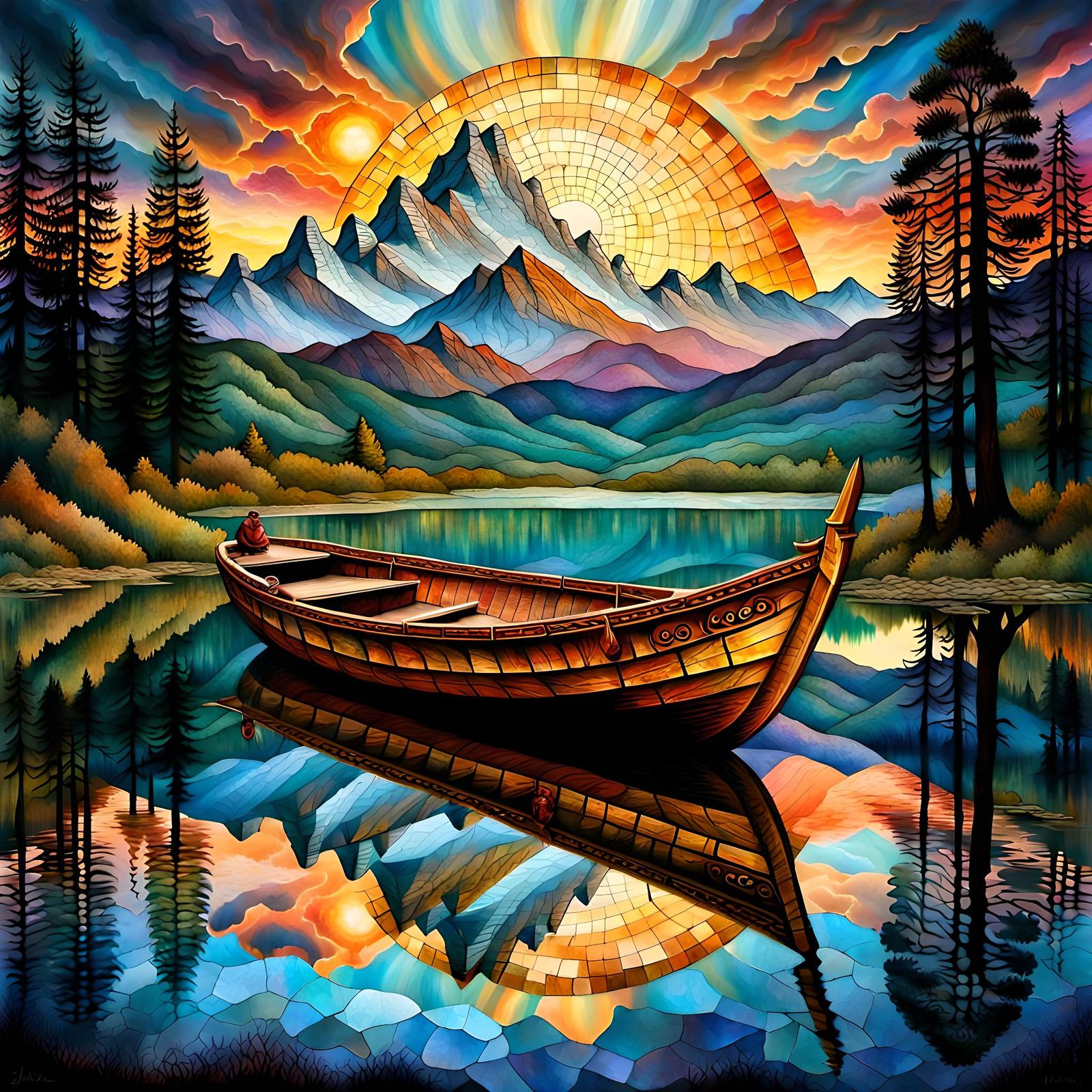 Parchment Double Exposure: Boat Reflections at Sunset