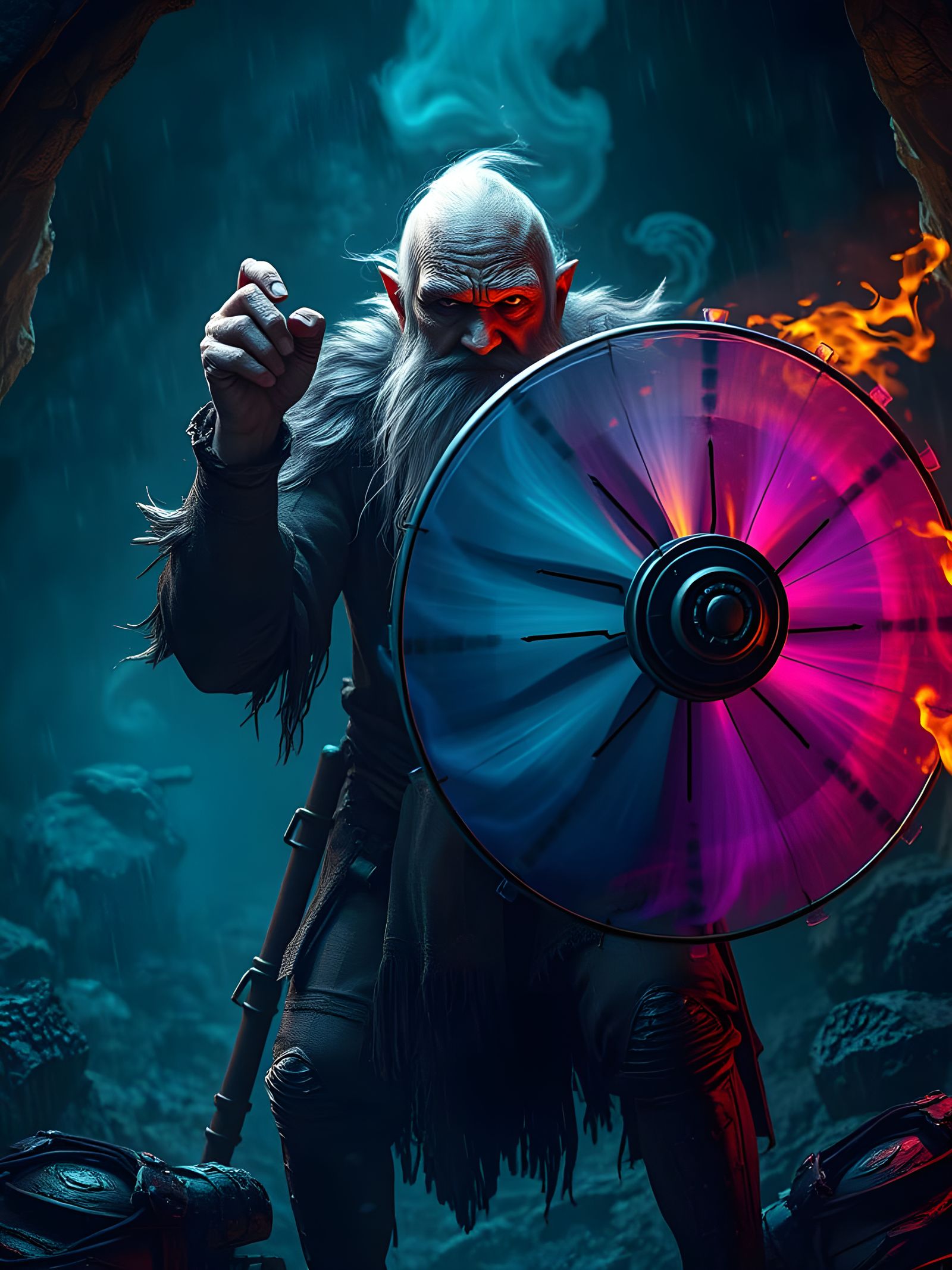 Terrifying Hermit with Electric Fan: Dark Fantasy Art