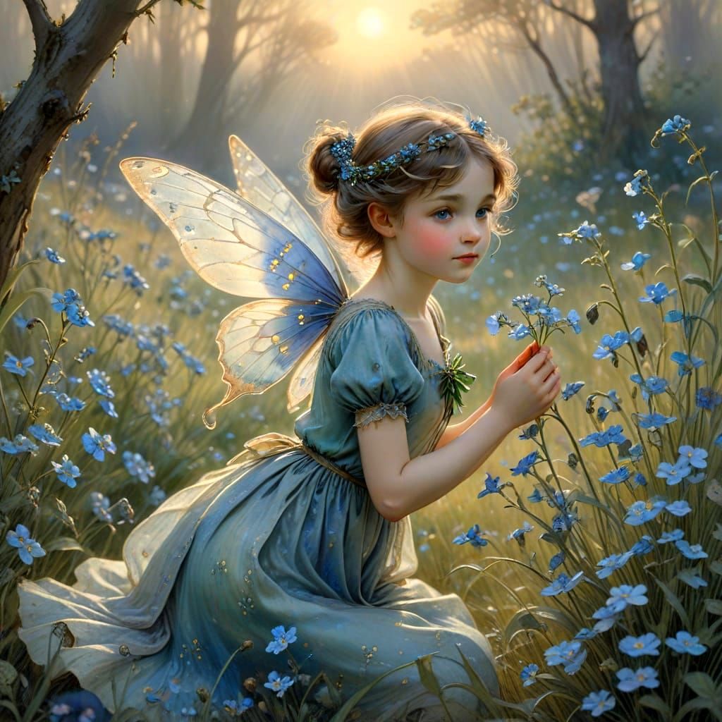 Forget-Me-Not Fairy in Luminous Watercolor Style