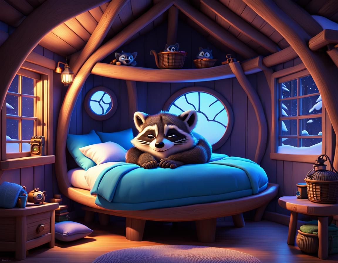 Raccoon in Cozy Treehouse: 3D Digital Art