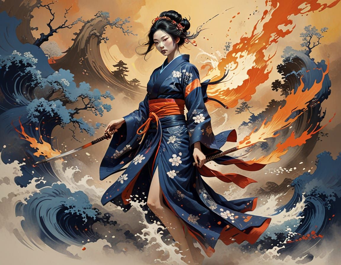 Regal Warrior Geisha in Fiery Fighting Stance