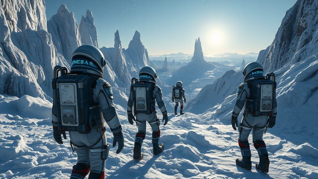 Astronauts Explore Icy Exoplanet with Towering Crystal Forma...