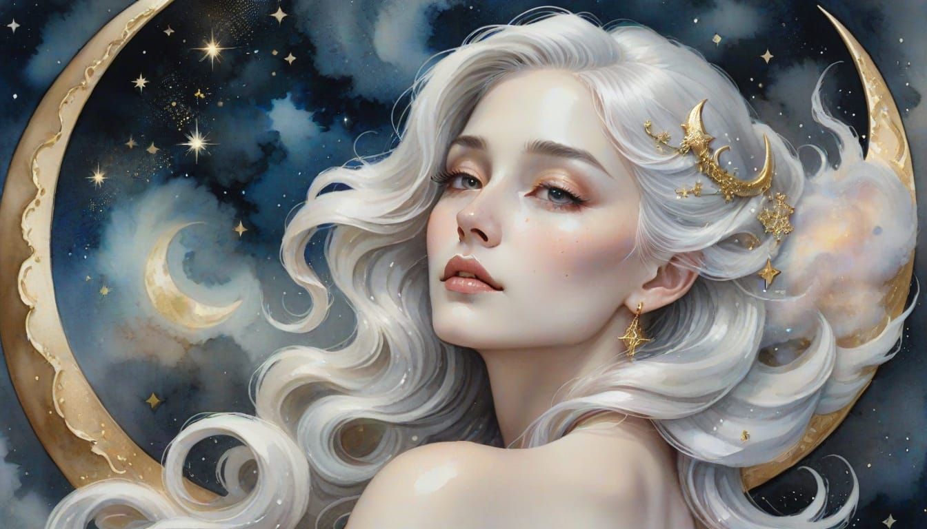 Elegant Woman Gazing at Nebula, in Watercolor