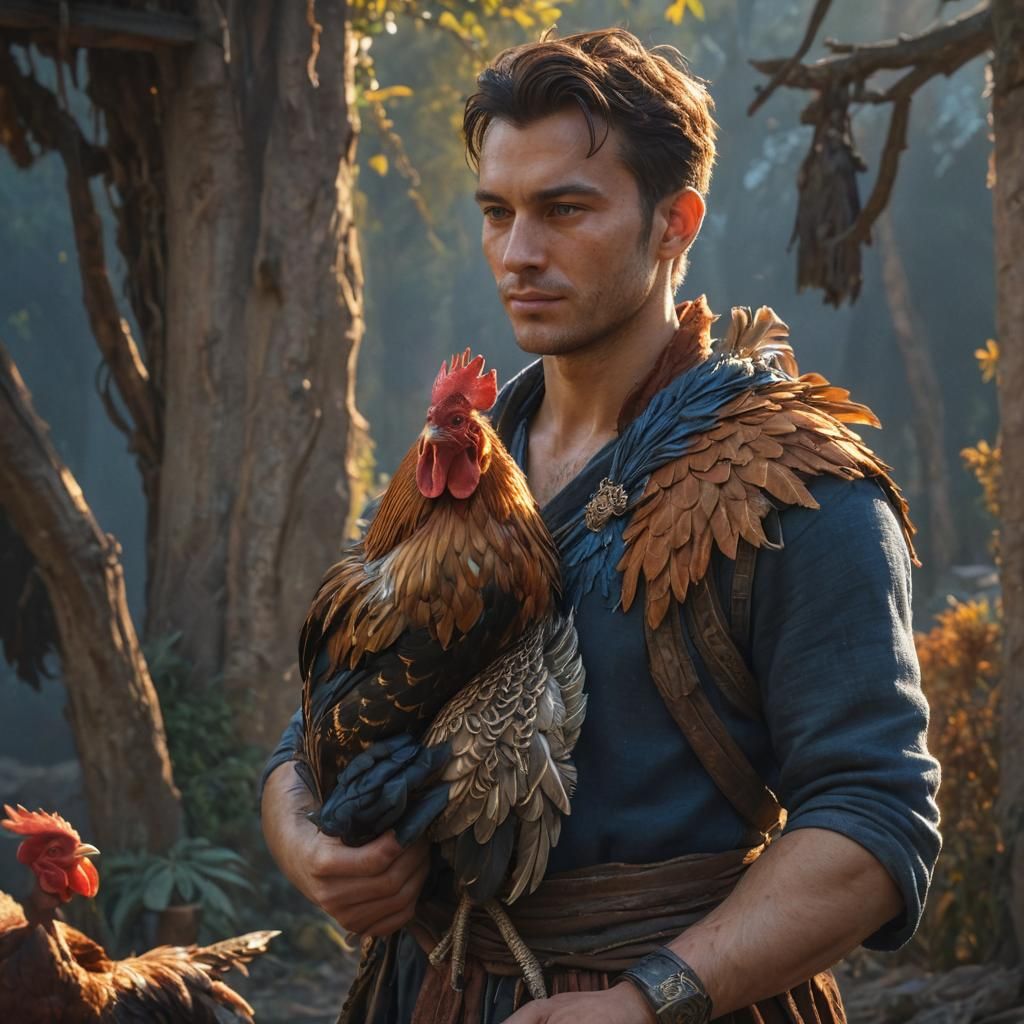 Man Proudly Holding Rooster: Fantasy Matte Painting