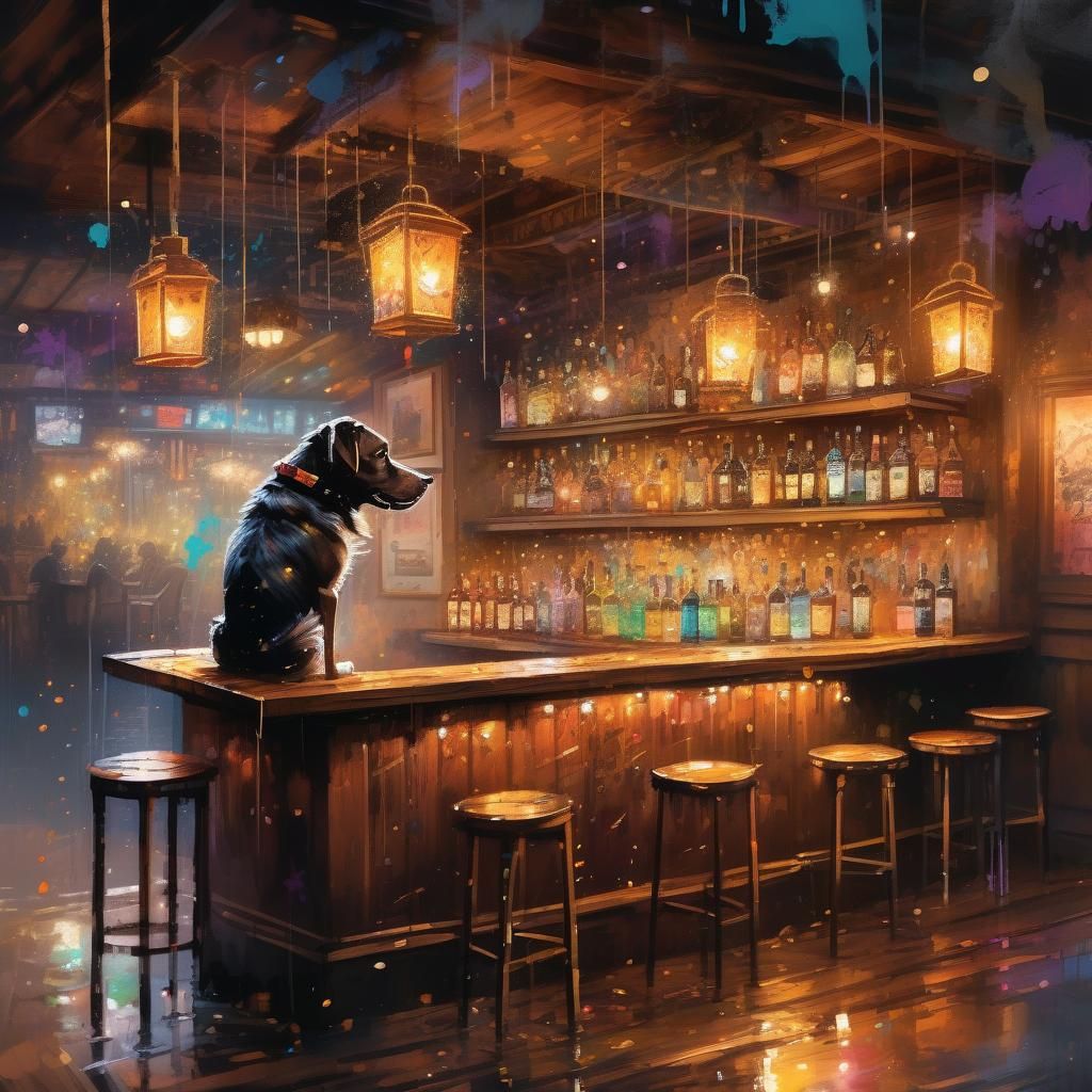 Dog in Dimly Lit Bar with Ink Splatter Effects