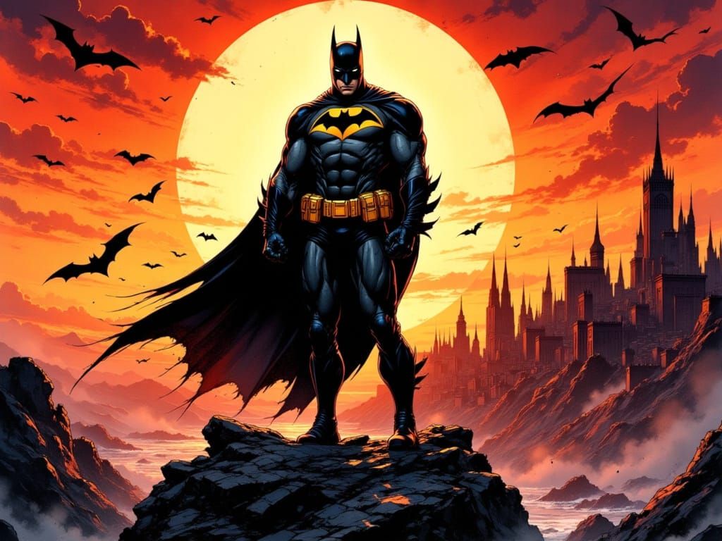 Batman on Rocky Outcrop in Comic Book Style