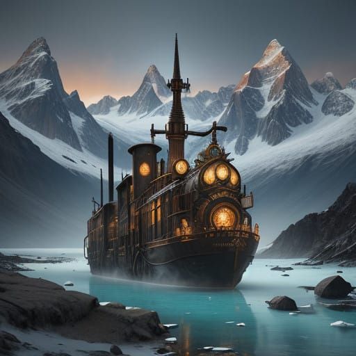 Rustic Steampunk Engine Amidst Patagonian Glaciers