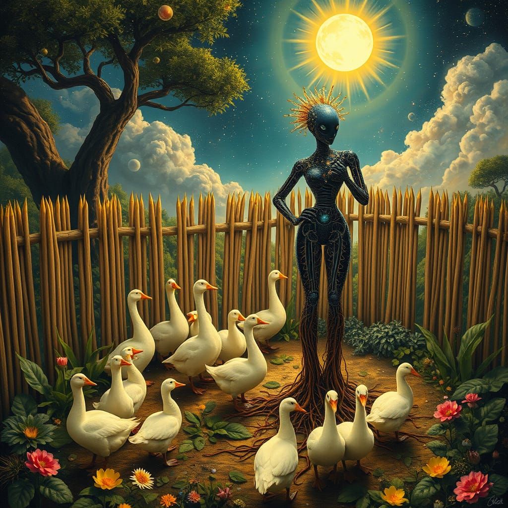 Folkloric Robot & Twins in Surreal Eco-Art Garden