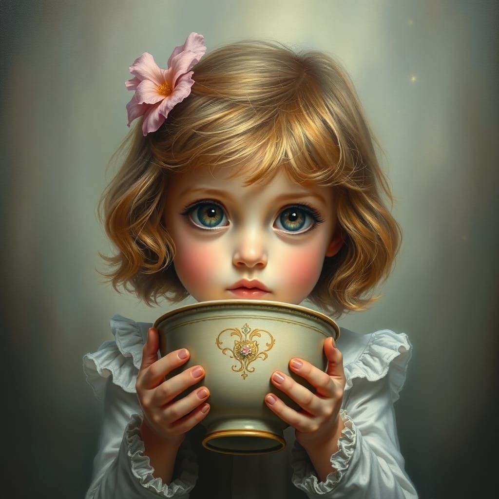 Pouting Girl with Bowl in Ethereal Fantasy Style