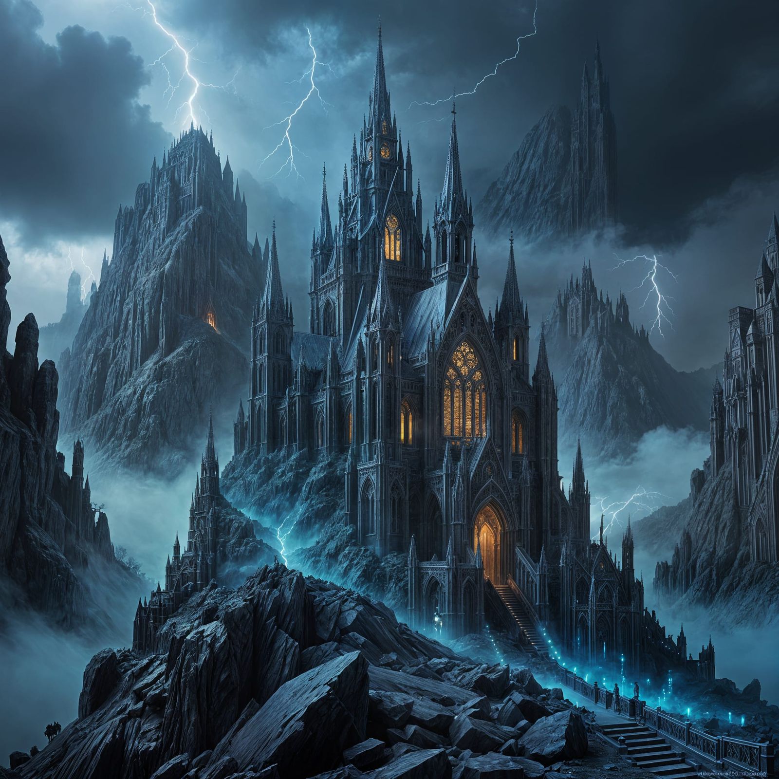 Blue Gemstone Gothic Cathedral on Misty Mountain
