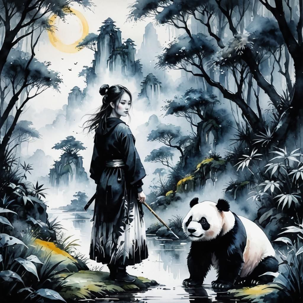 Woman and Panda in Black Jungle Watercolor