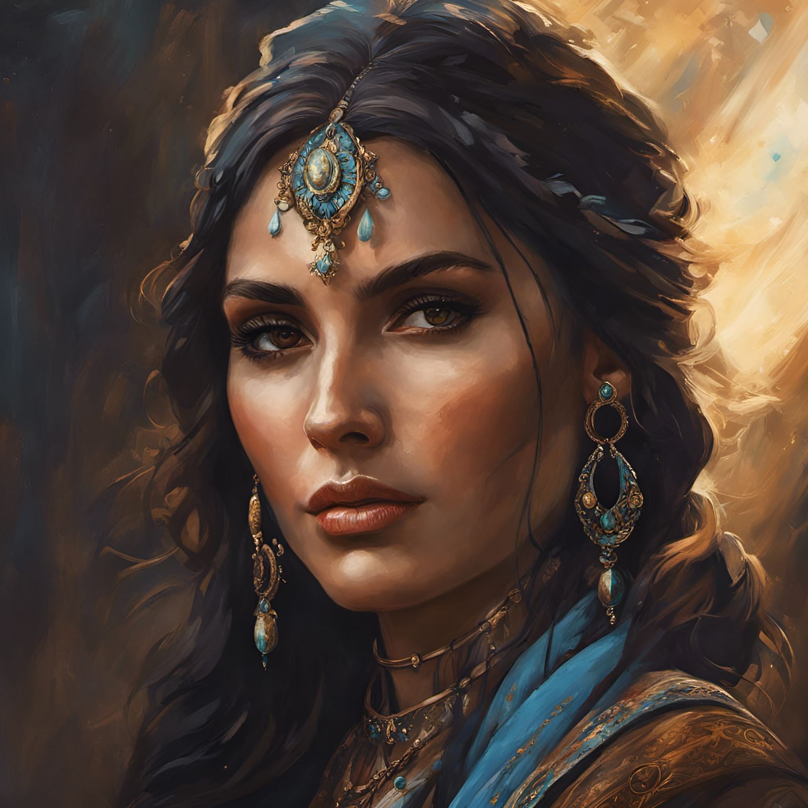 Mysterious Gypsy Woman Portrait in Oil Painting