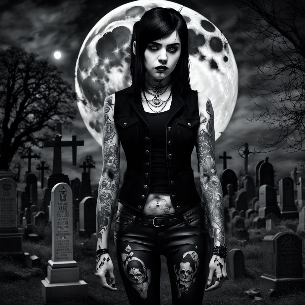 Gothic Woman Stands Alone in Midnight Graveyard