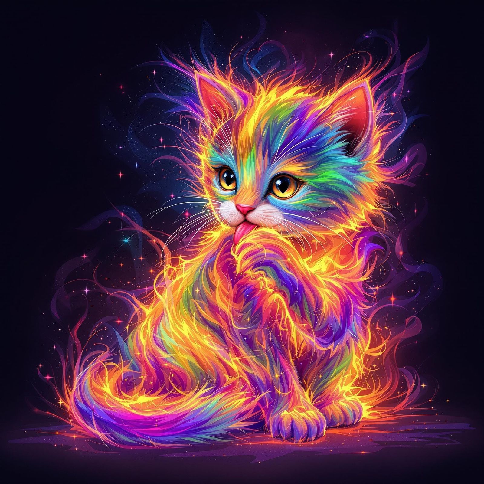 Iridescent Fire Kitten in a Dreamlike Style