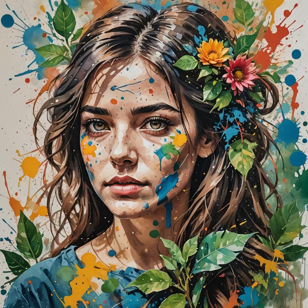 Girl's Portrait over Paint Splatter in Gouache Style