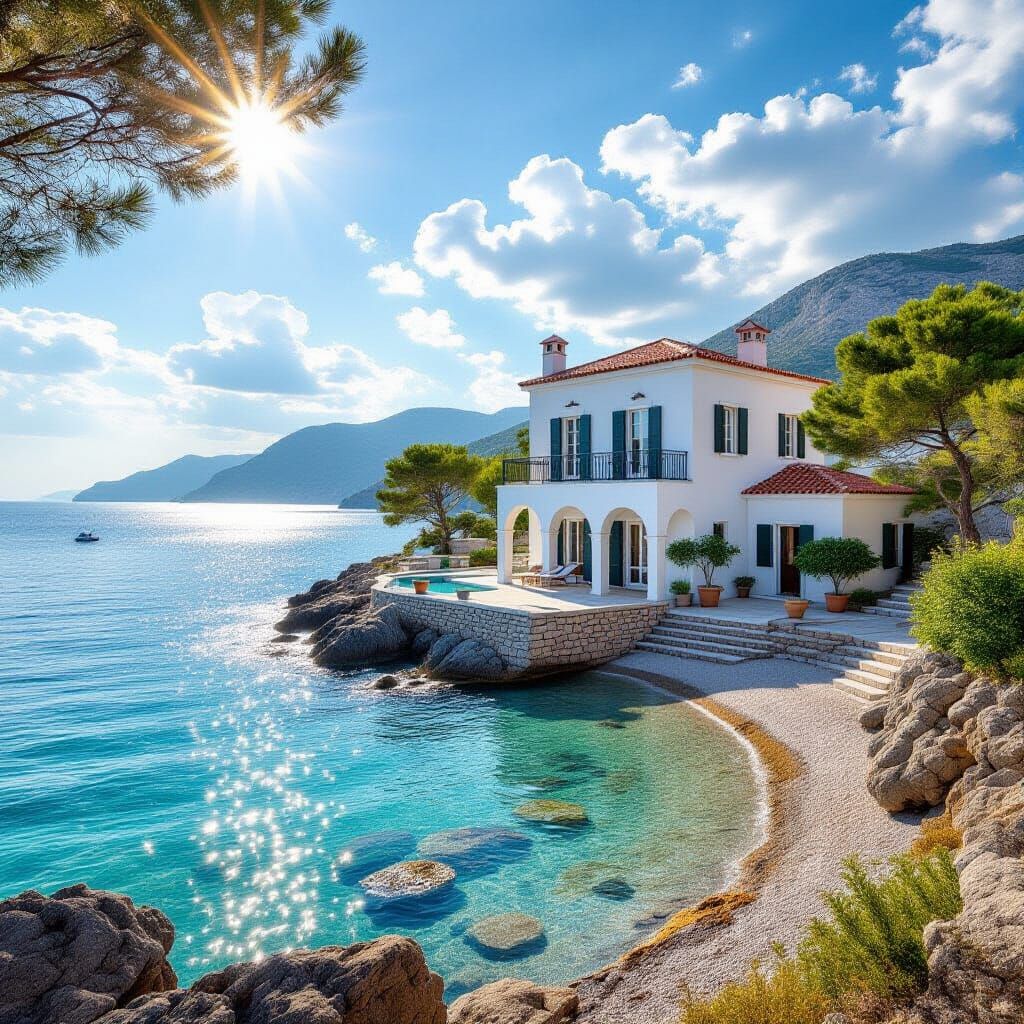 Idyllic Greek Seaside Home in Summer Sunlight