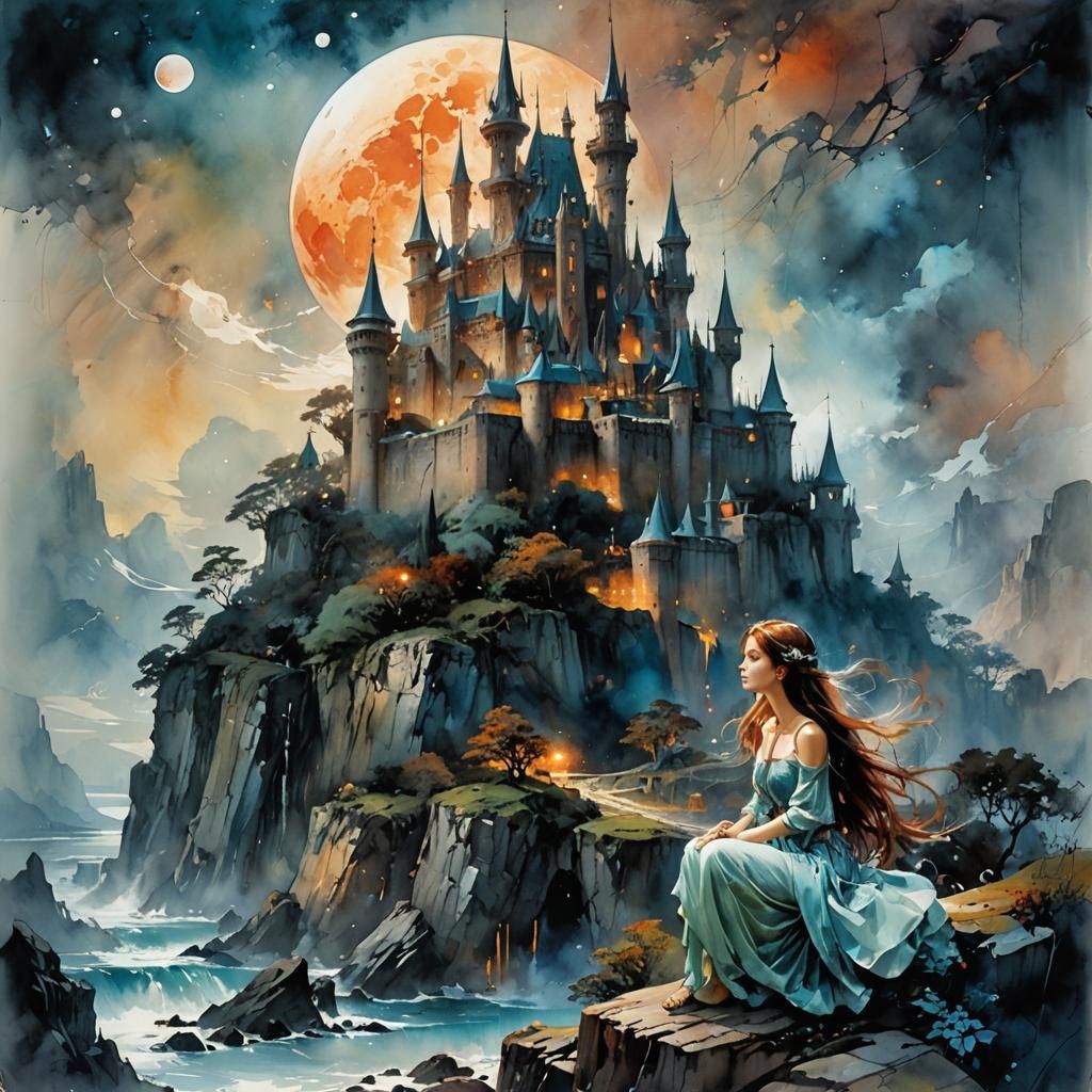 Fantasy Castle on Blood Moon in Watercolor Style