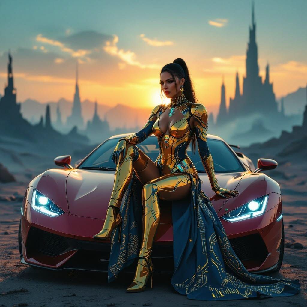 Elegant Cyberpunk Goddess on Desert Sunset Hood