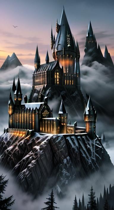 Hogwarts Atop a Mountain Monster in Ethereal Mist