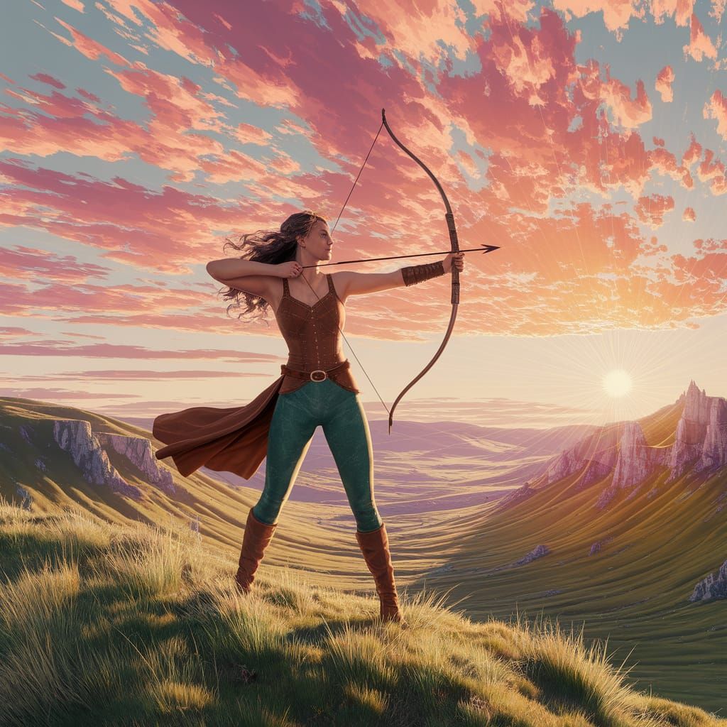 Archer Warrior on Hill at Sunset, Qajar Fauvism Style