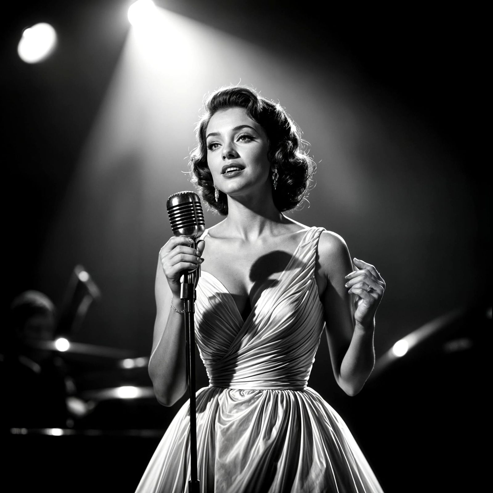 Glamorous 1950s Singer in Smoky Jazz Club
